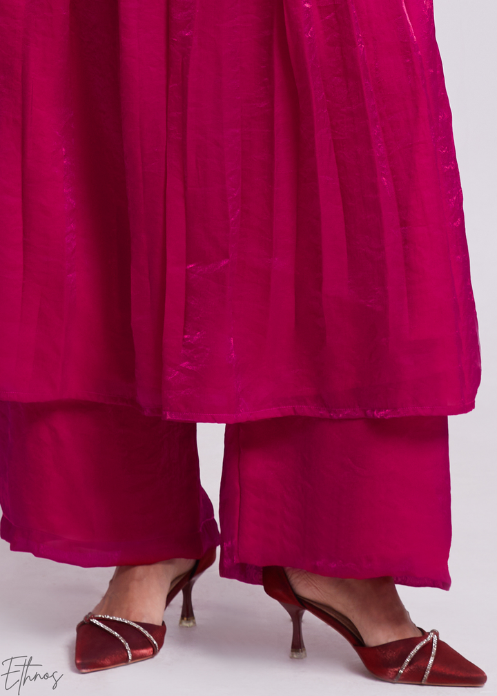 Magenta Pink Organza V-Neck Cape Sleeve Pant Suit Set