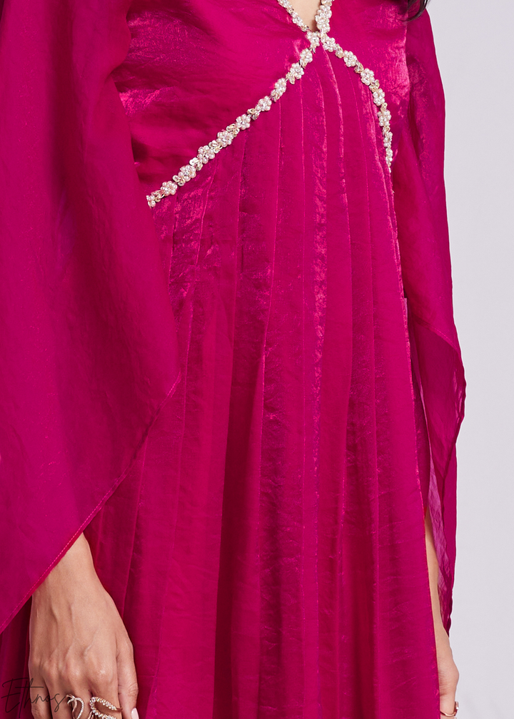 Magenta Pink Organza V-Neck Cape Sleeve Pant Suit Set