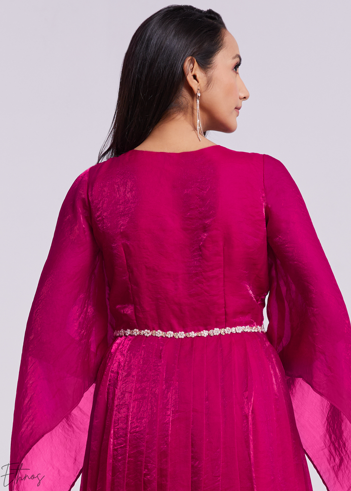 Magenta Pink Organza V-Neck Cape Sleeve Pant Suit Set