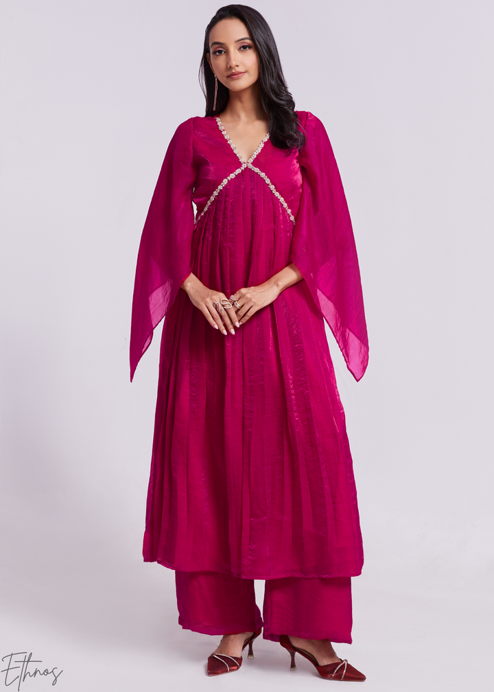 Magenta Pink Organza V-Neck Cape Sleeve Pant Suit Set