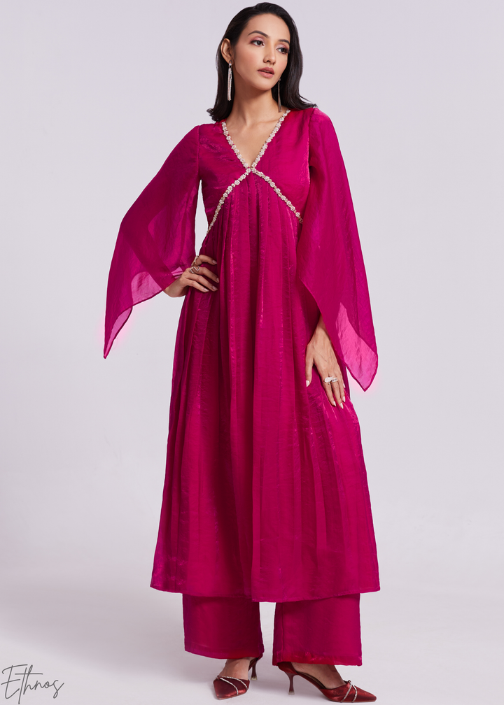 Magenta Pink Organza V-Neck Cape Sleeve Pant Suit Set