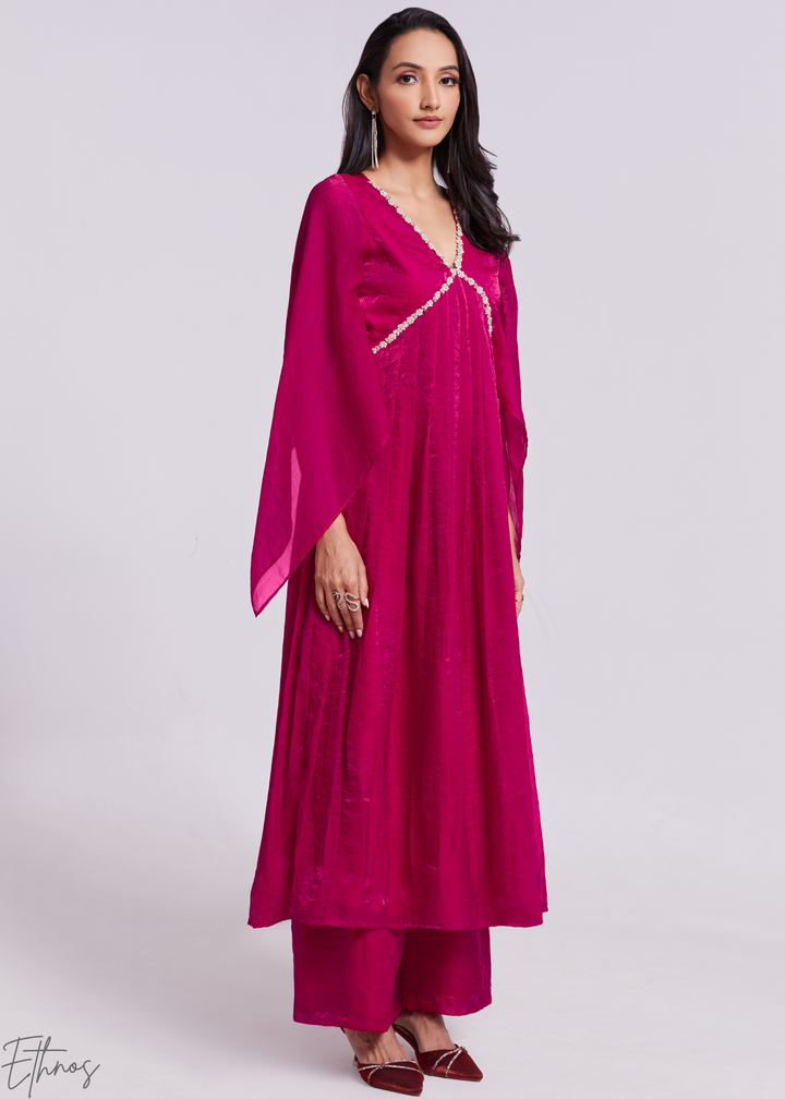 Magenta Pink Organza V-Neck Cape Sleeve Pant Suit Set