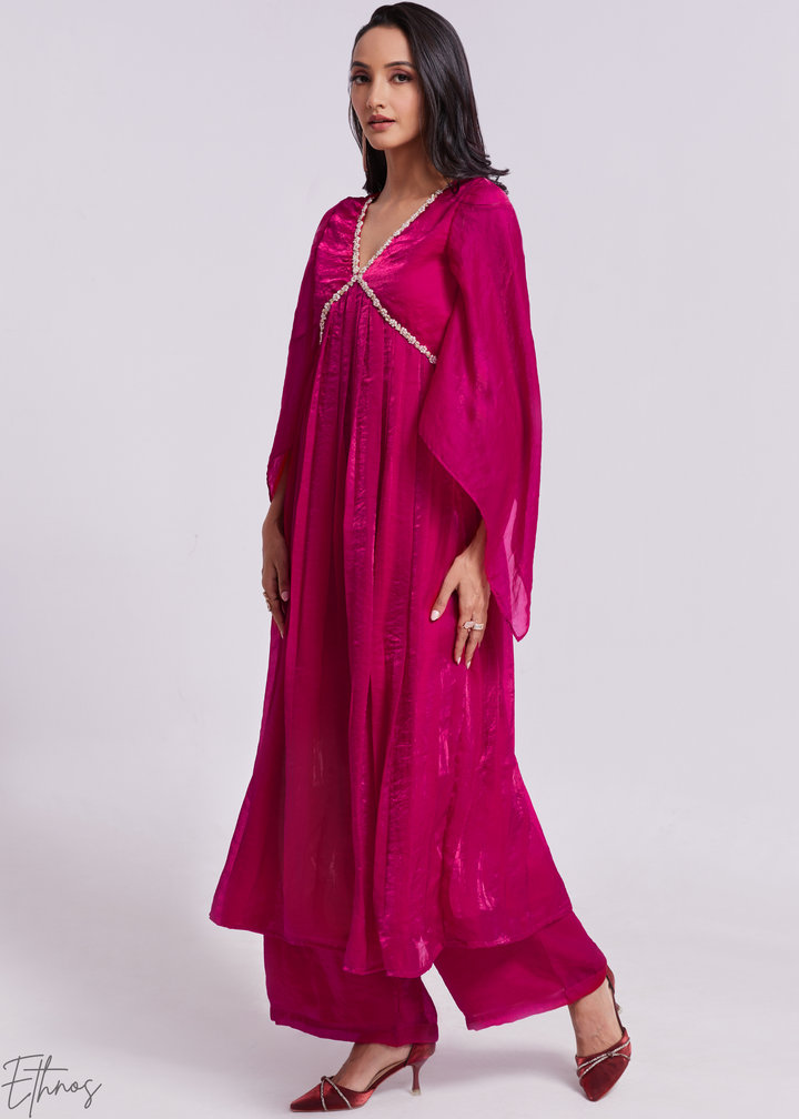 Magenta Pink Organza V-Neck Cape Sleeve Pant Suit Set