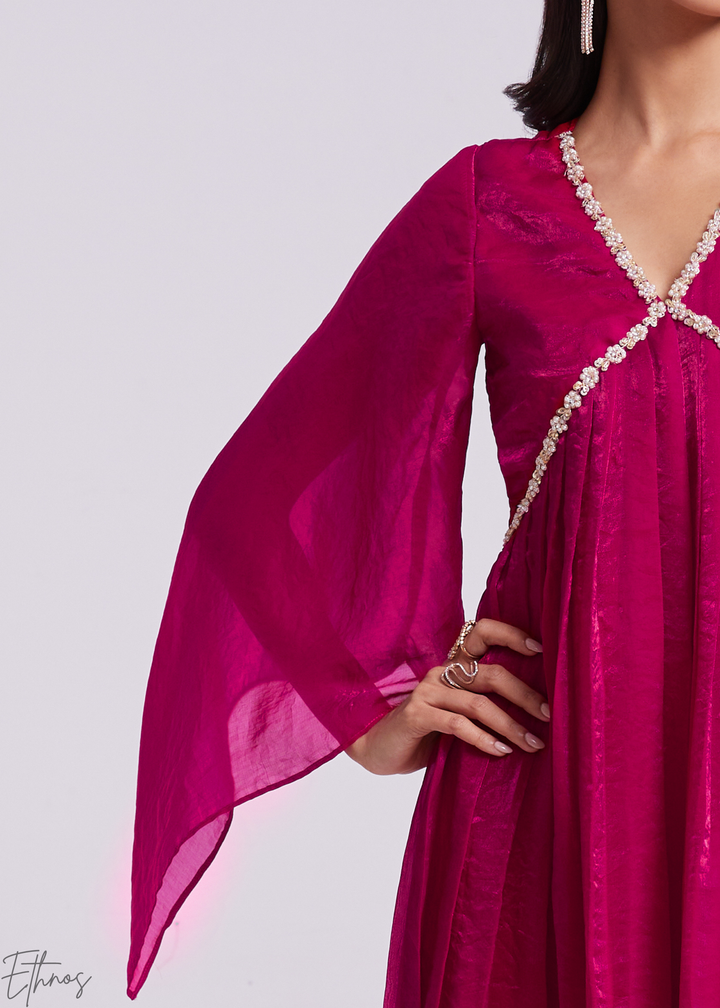 Magenta Pink Organza V-Neck Cape Sleeve Pant Suit Set
