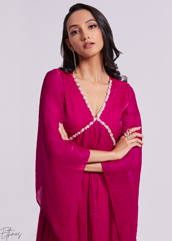 Magenta Pink Organza V-Neck Cape Sleeve Pant Suit Set