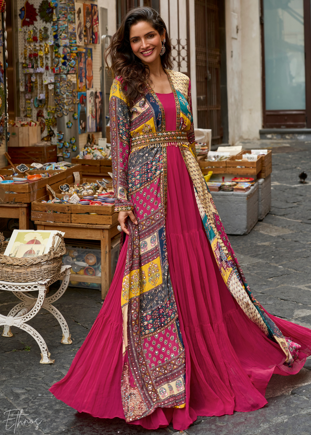 Magenta Pink Patchwork Printed Crepe Shrug Georgette Gown Set