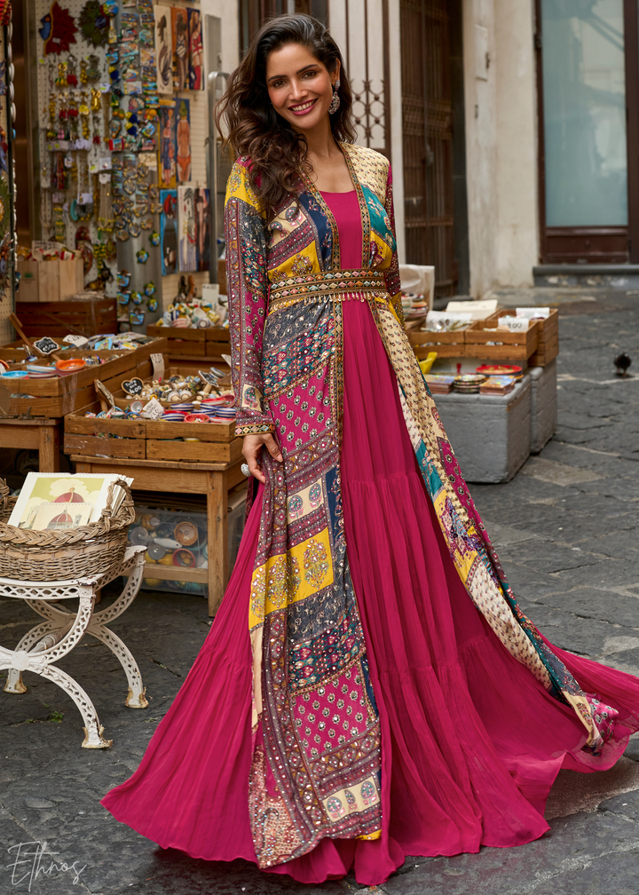 Magenta Pink Patchwork Printed Crepe Shrug Georgette Gown Set
