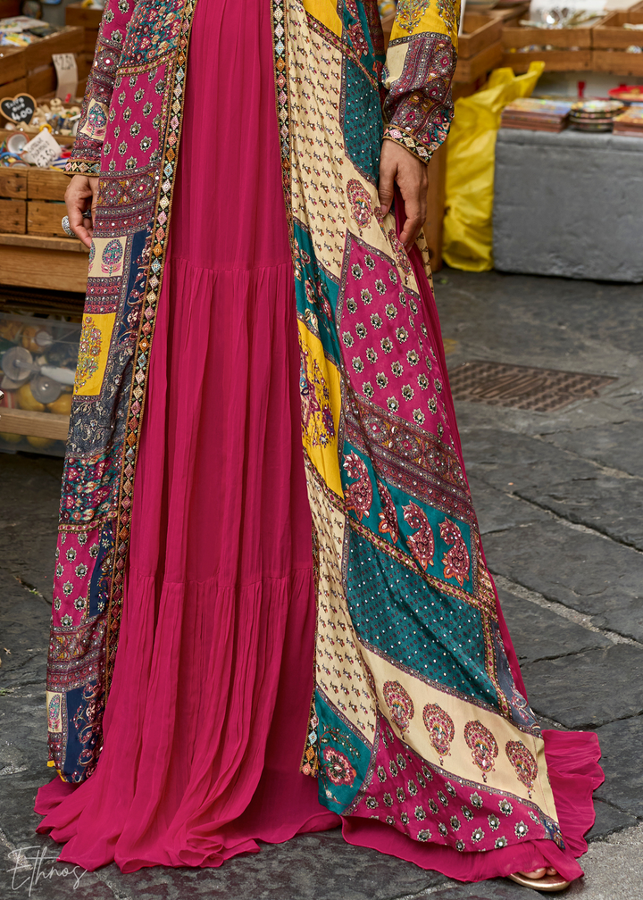 Magenta Pink Patchwork Printed Crepe Shrug Georgette Gown Set