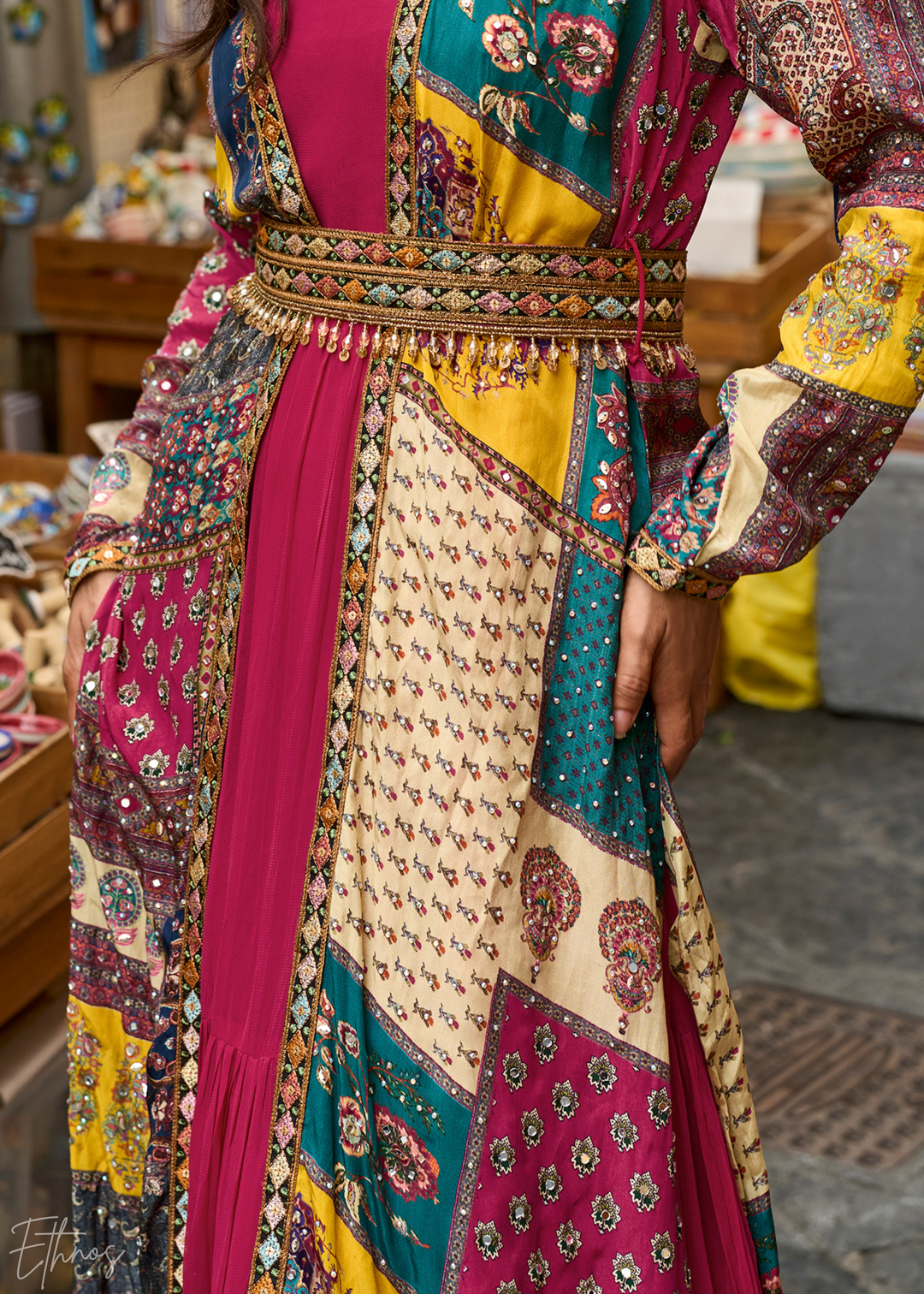 Magenta Pink Patchwork Printed Crepe Shrug Georgette Gown Set