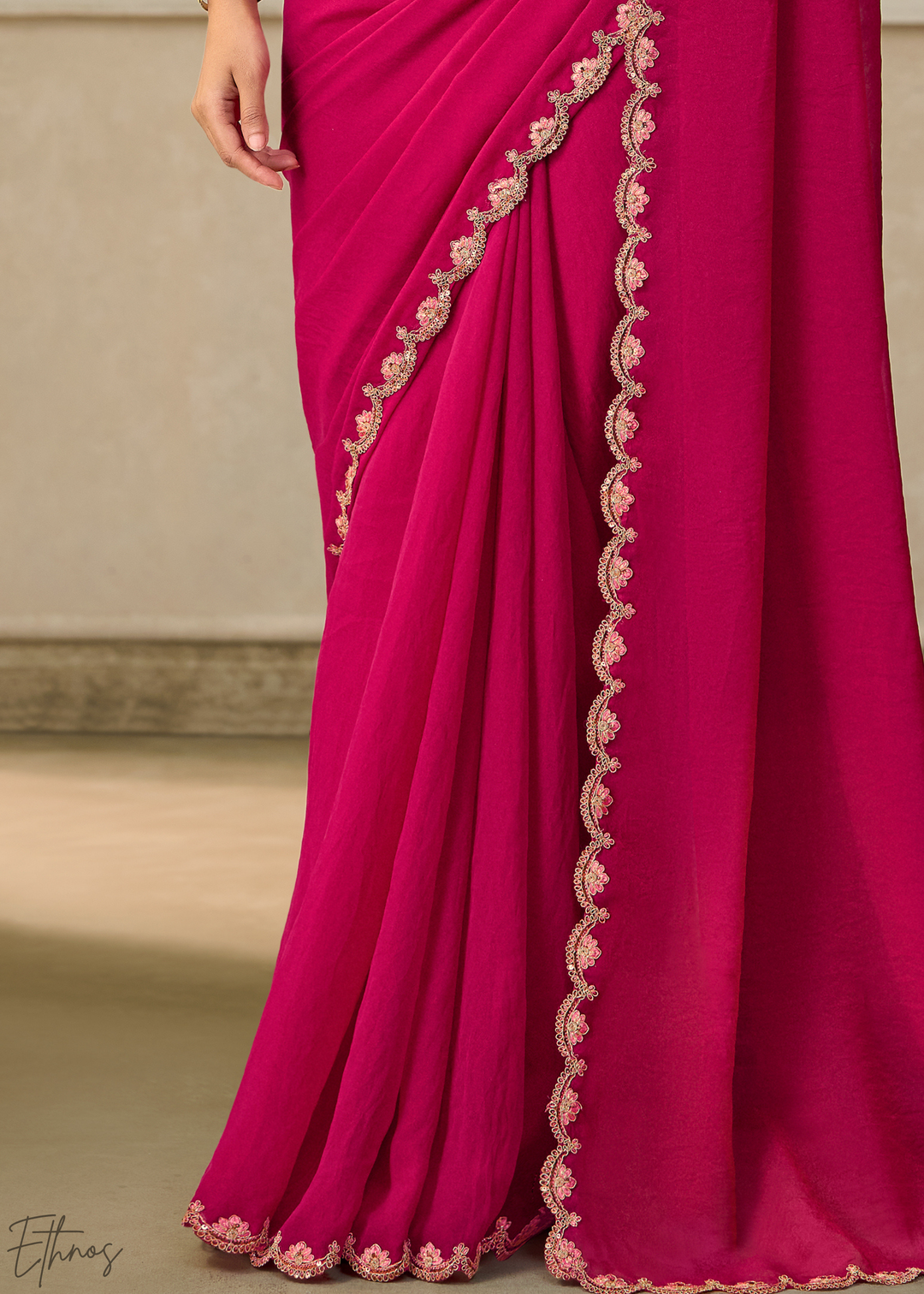 Magenta Pink Ruffle Border Georgette Saree