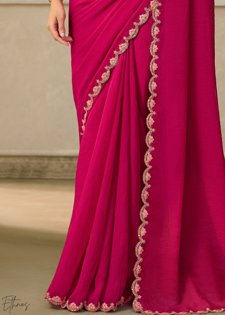 Magenta Pink Ruffle Border Georgette Saree