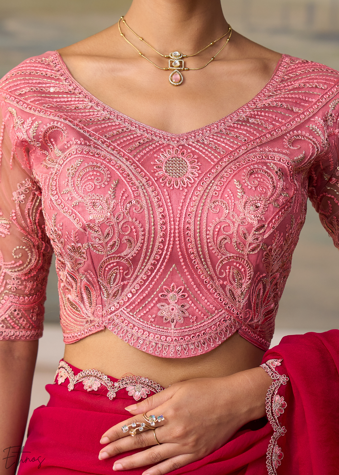 Magenta Pink Ruffle Border Georgette Saree