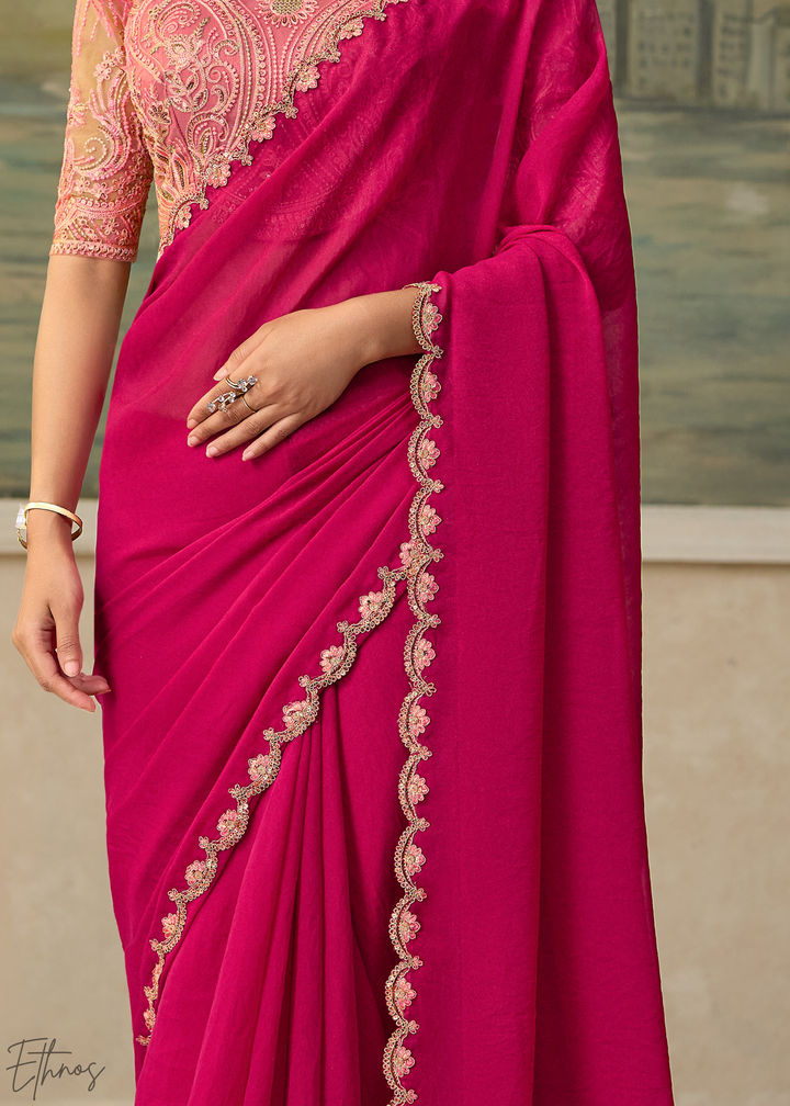 Magenta Pink Ruffle Border Georgette Saree