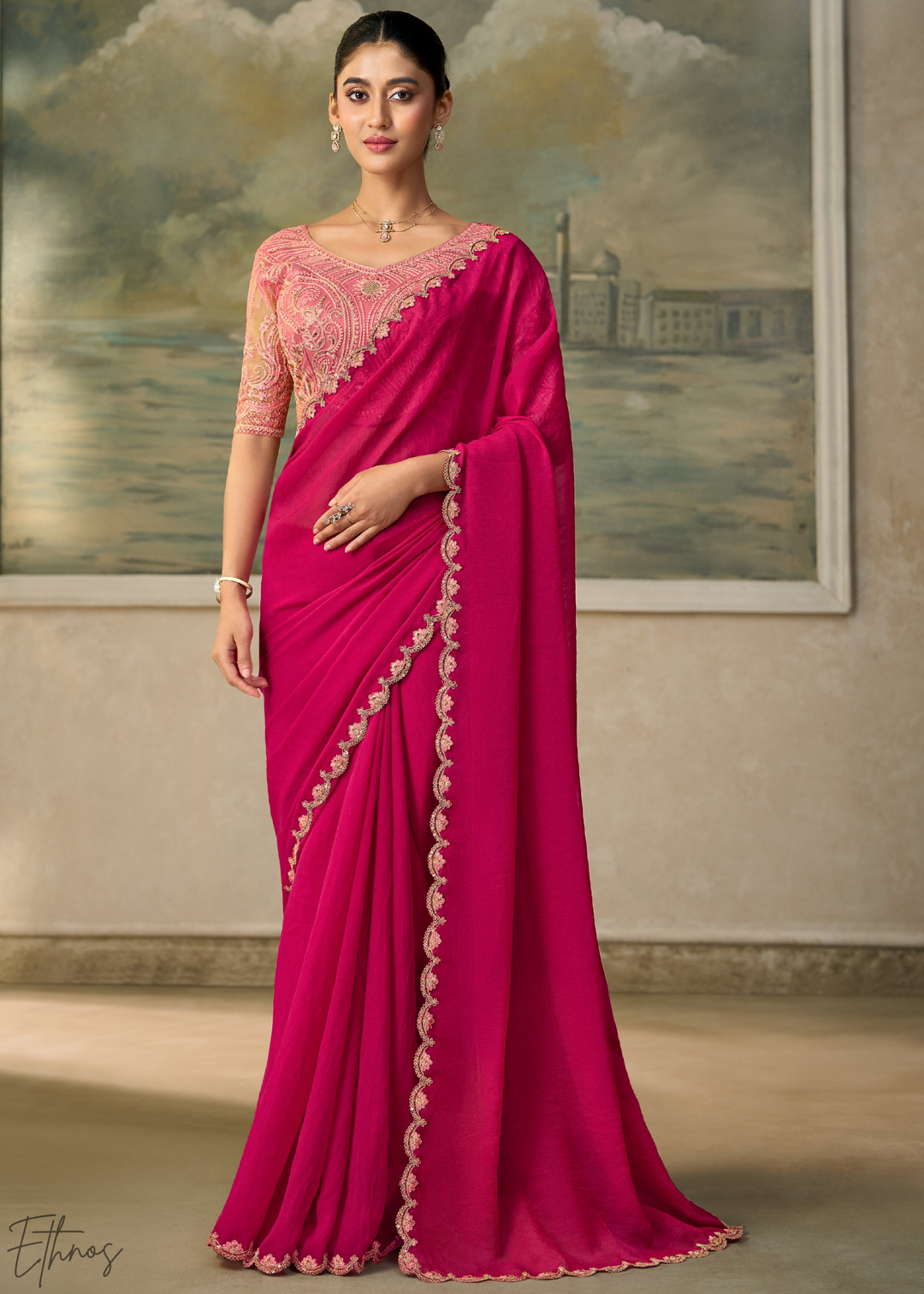 Magenta Pink Ruffle Border Georgette Saree