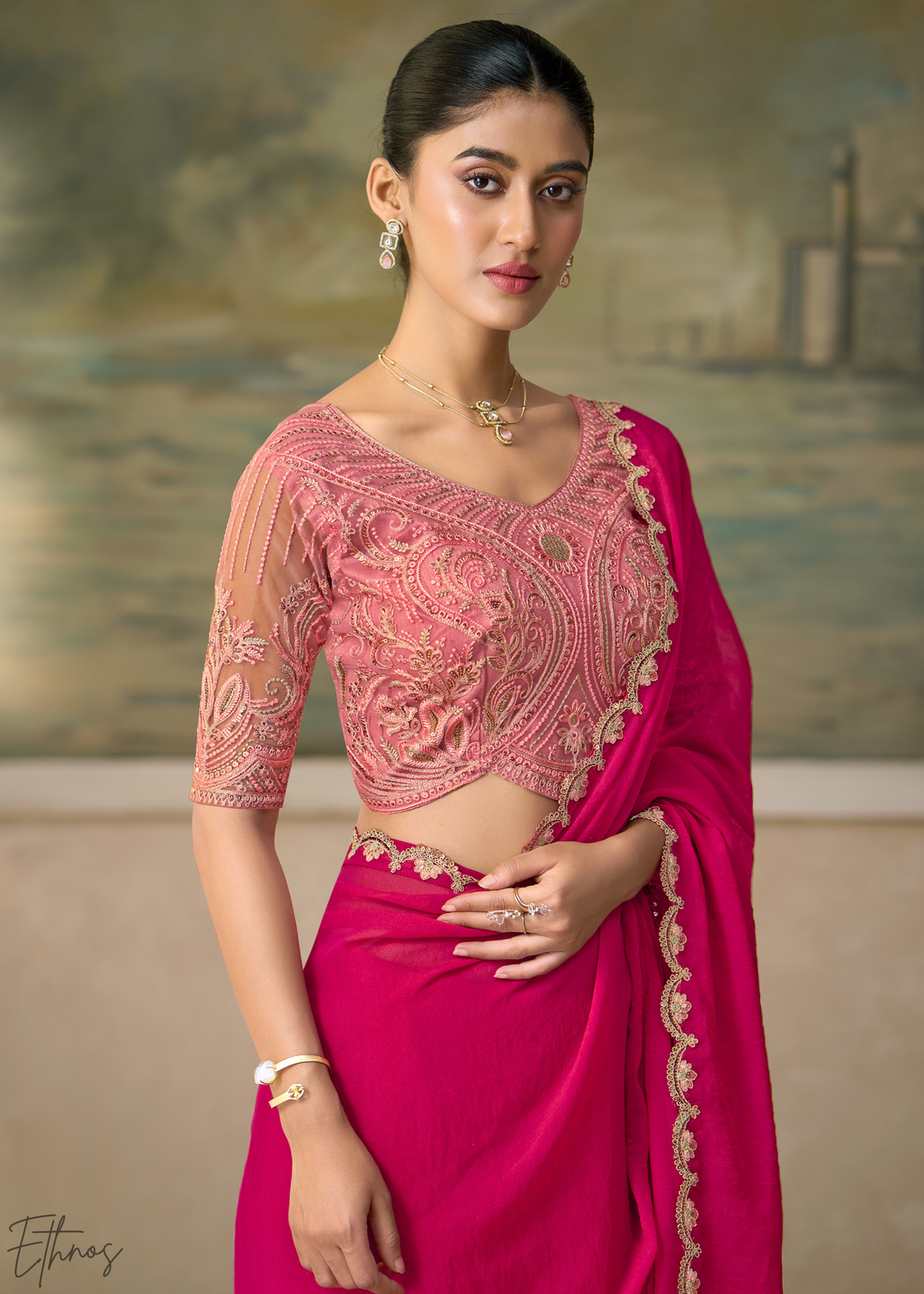 Magenta Pink Ruffle Border Georgette Saree