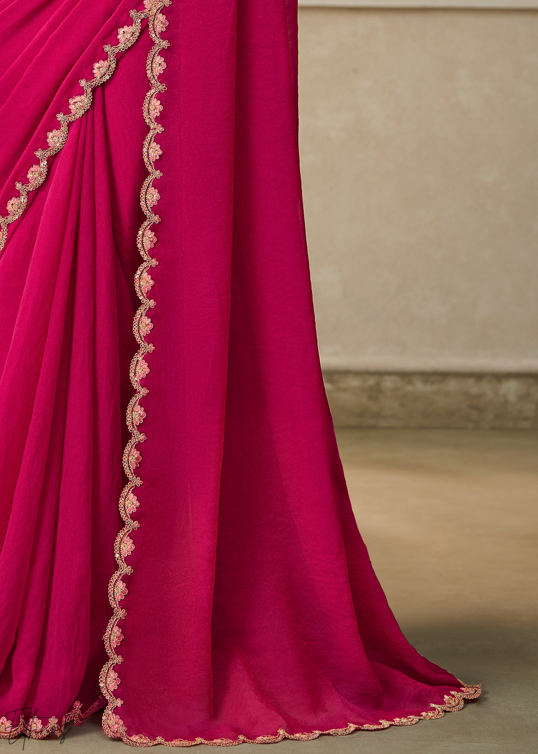 Magenta Pink Ruffle Border Georgette Saree