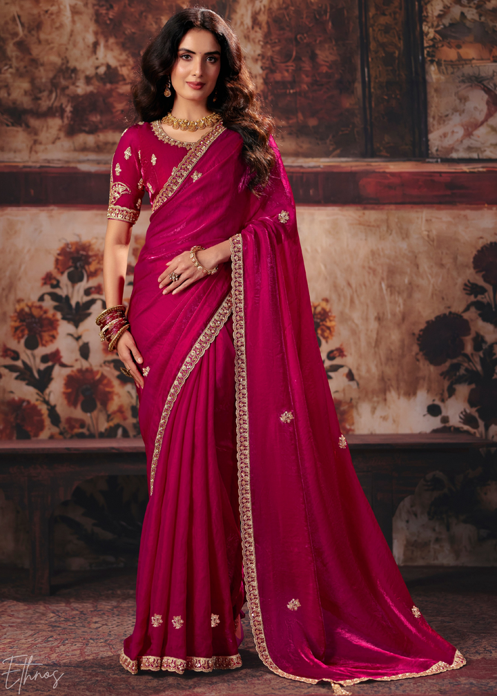 Magenta Pink Sleek Embroidered Fendy Satin Saree