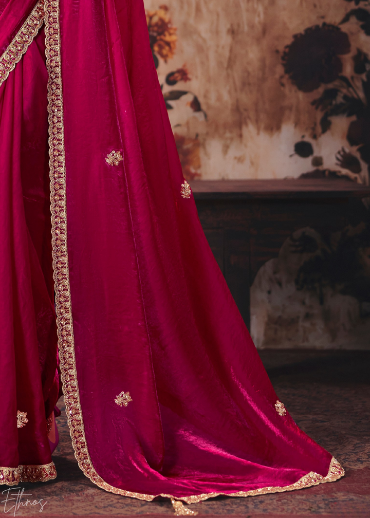 Magenta Pink Sleek Embroidered Fendy Satin Saree