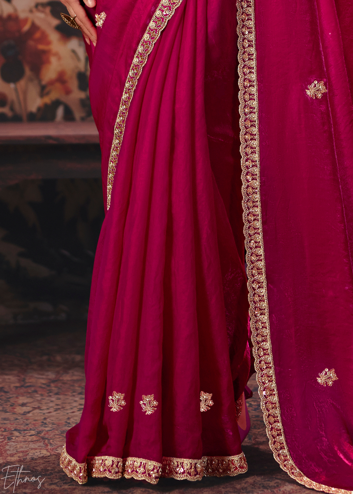 Magenta Pink Sleek Embroidered Fendy Satin Saree