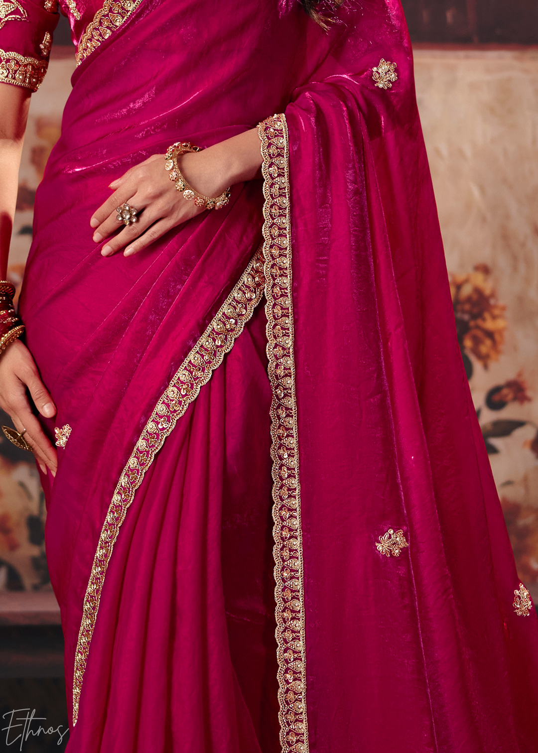 Magenta Pink Sleek Embroidered Fendy Satin Saree