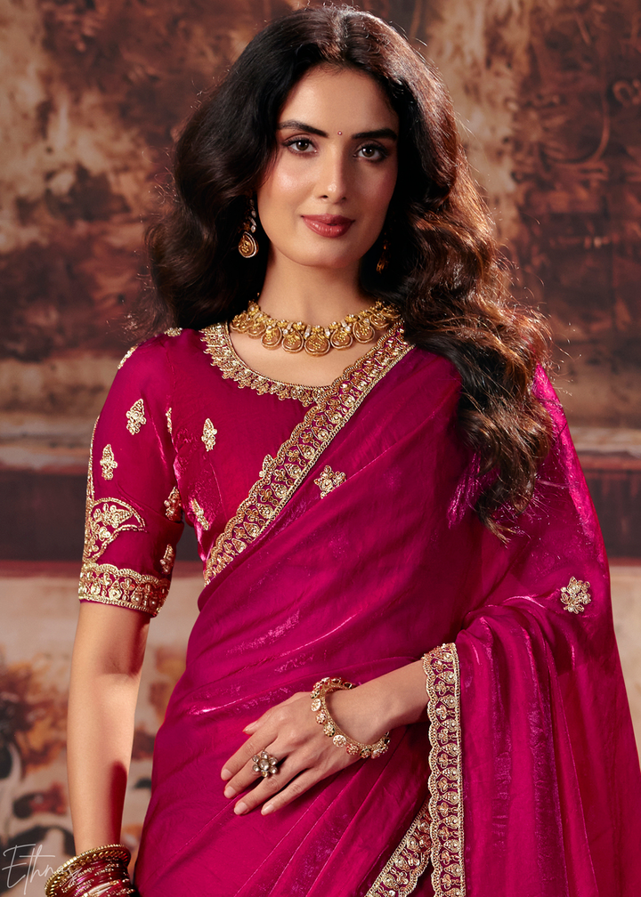 Magenta Pink Sleek Embroidered Fendy Satin Saree