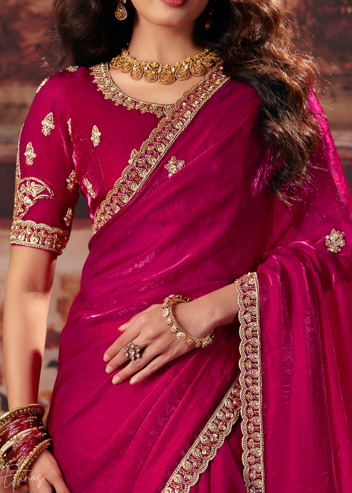 Magenta Pink Sleek Embroidered Fendy Satin Saree