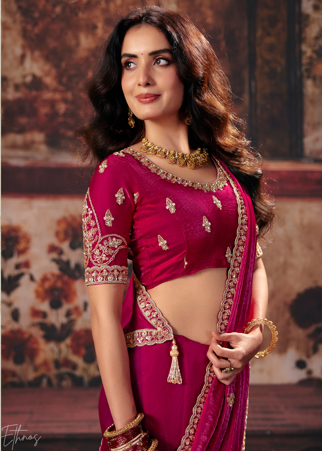 Magenta Pink Sleek Embroidered Fendy Satin Saree