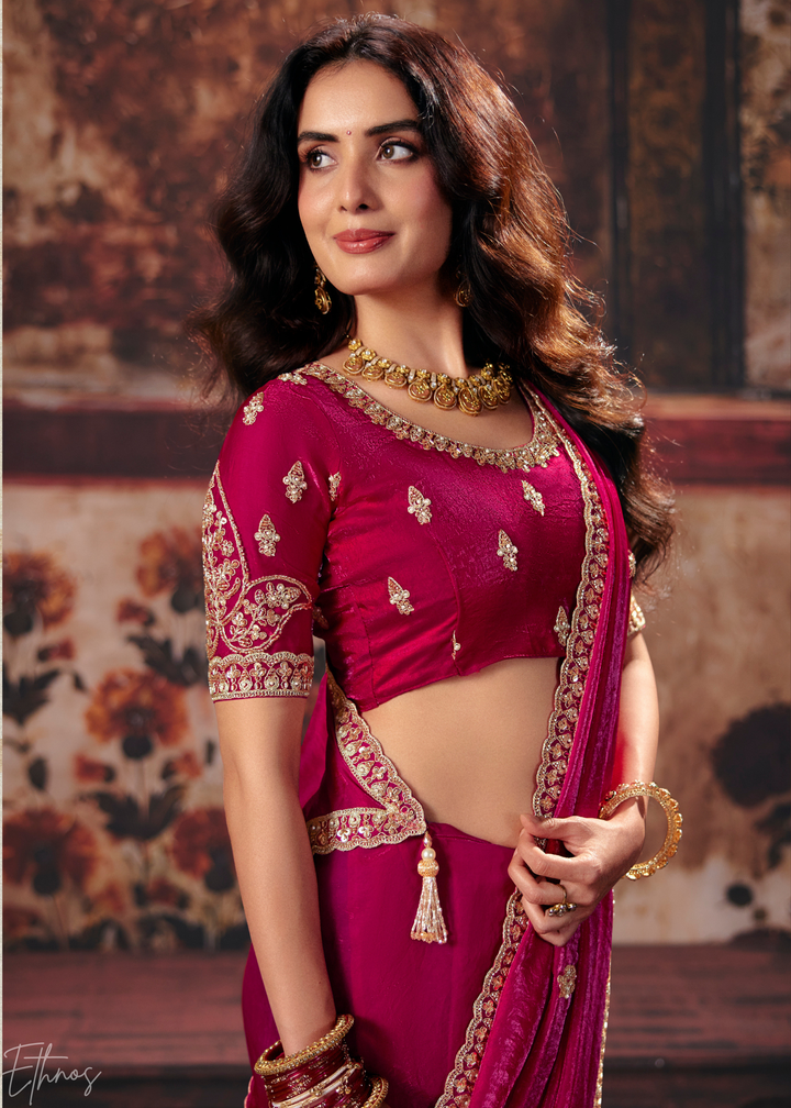 Magenta Pink Sleek Embroidered Fendy Satin Saree