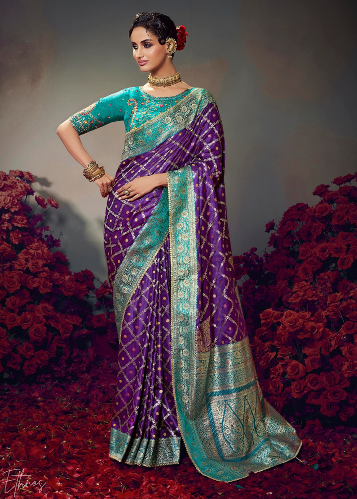 Magenta Plum Allover Floral Brocade Satin Silk Saree