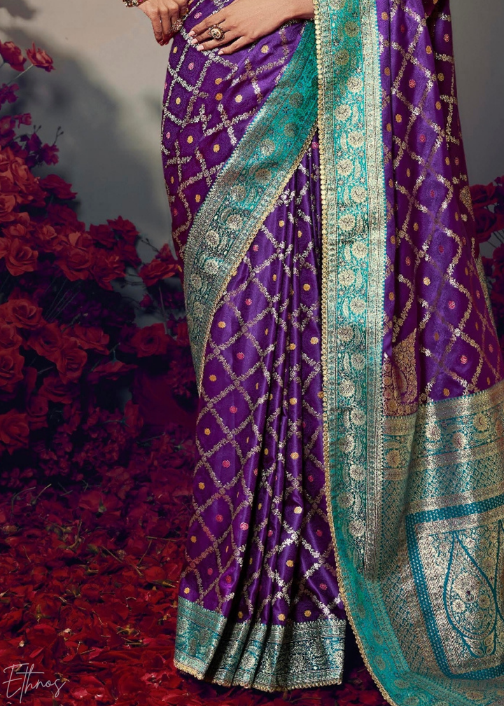 Magenta Plum Allover Floral Brocade Satin Silk Saree