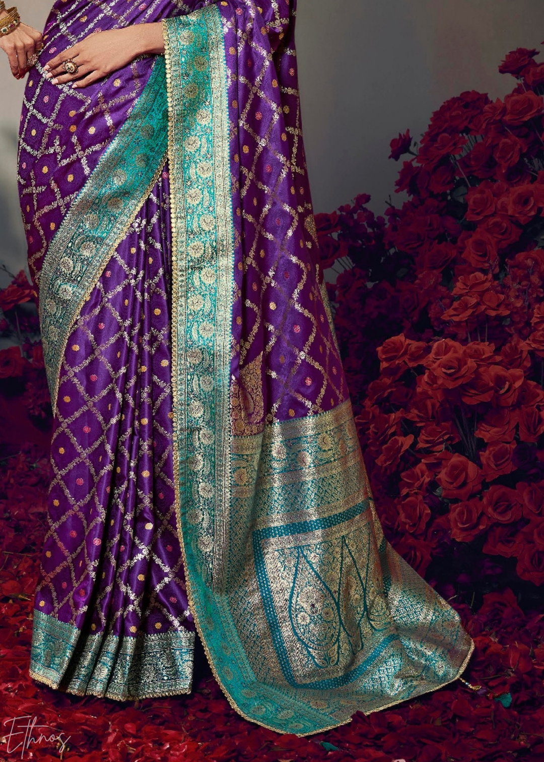 Magenta Plum Allover Floral Brocade Satin Silk Saree