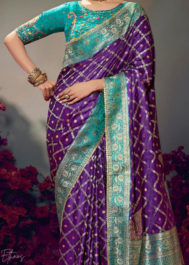 Magenta Plum Allover Floral Brocade Satin Silk Saree