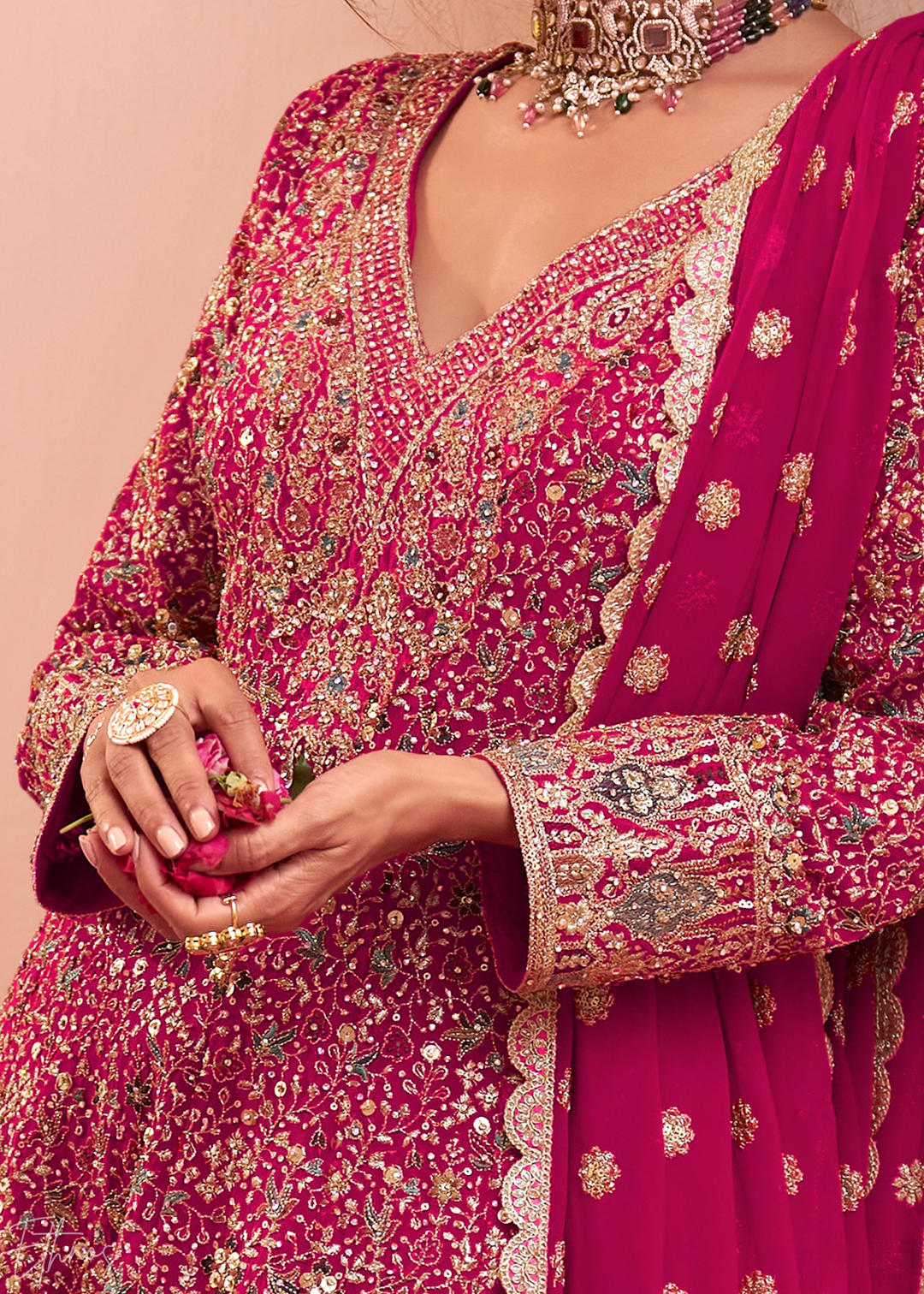 Magenta Plum Baroque Georgette Flared Tunic Palazzo Suit