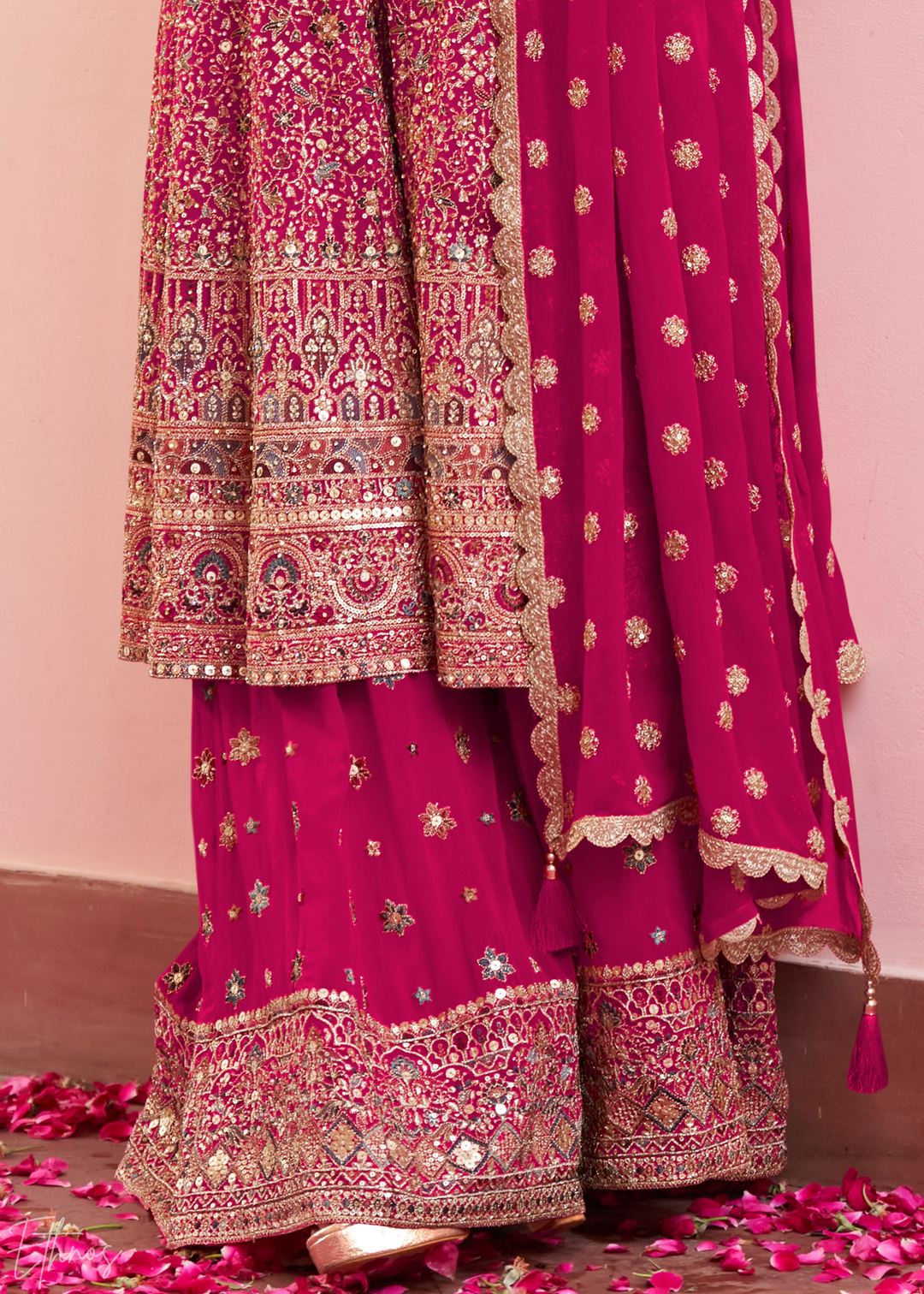 Magenta Plum Baroque Georgette Flared Tunic Palazzo Suit