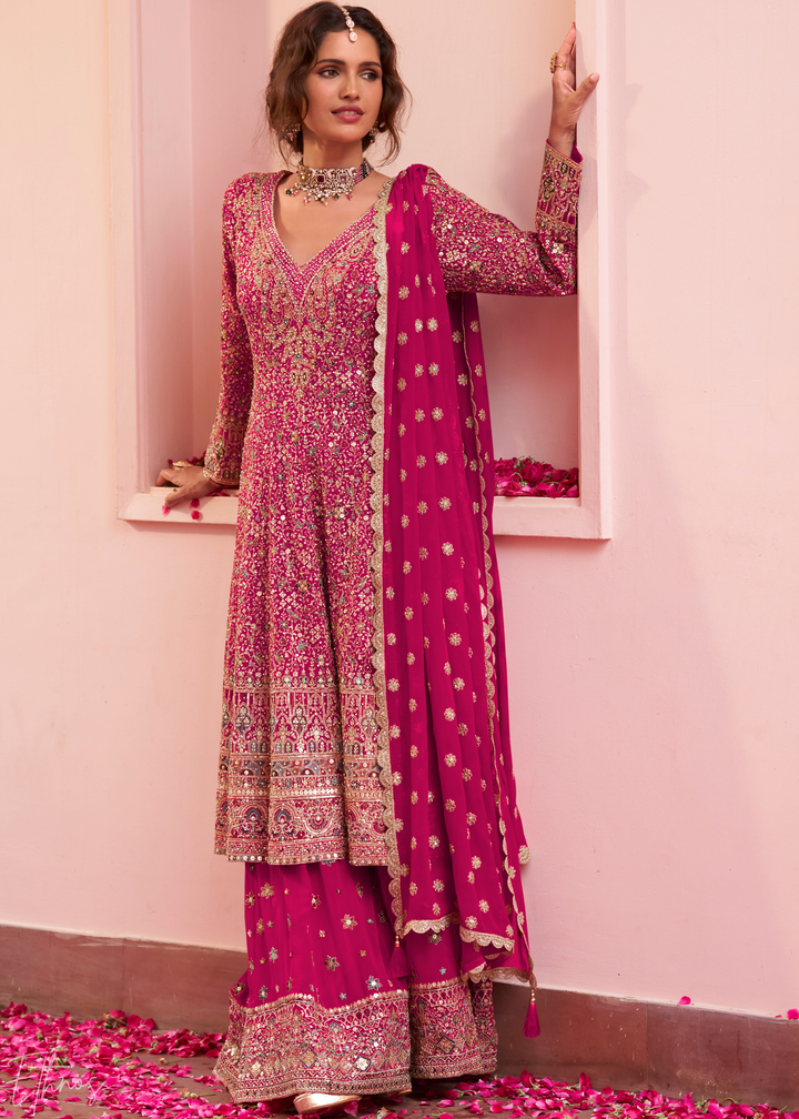 Magenta Plum Baroque Georgette Flared Tunic Palazzo Suit