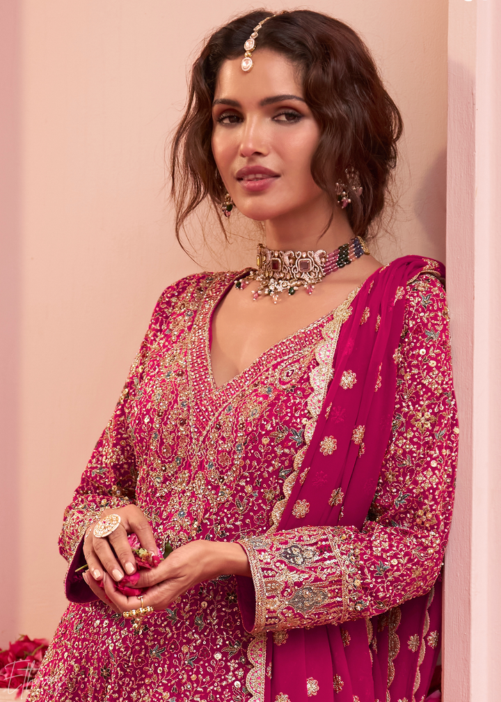 Magenta Plum Baroque Georgette Flared Tunic Palazzo Suit