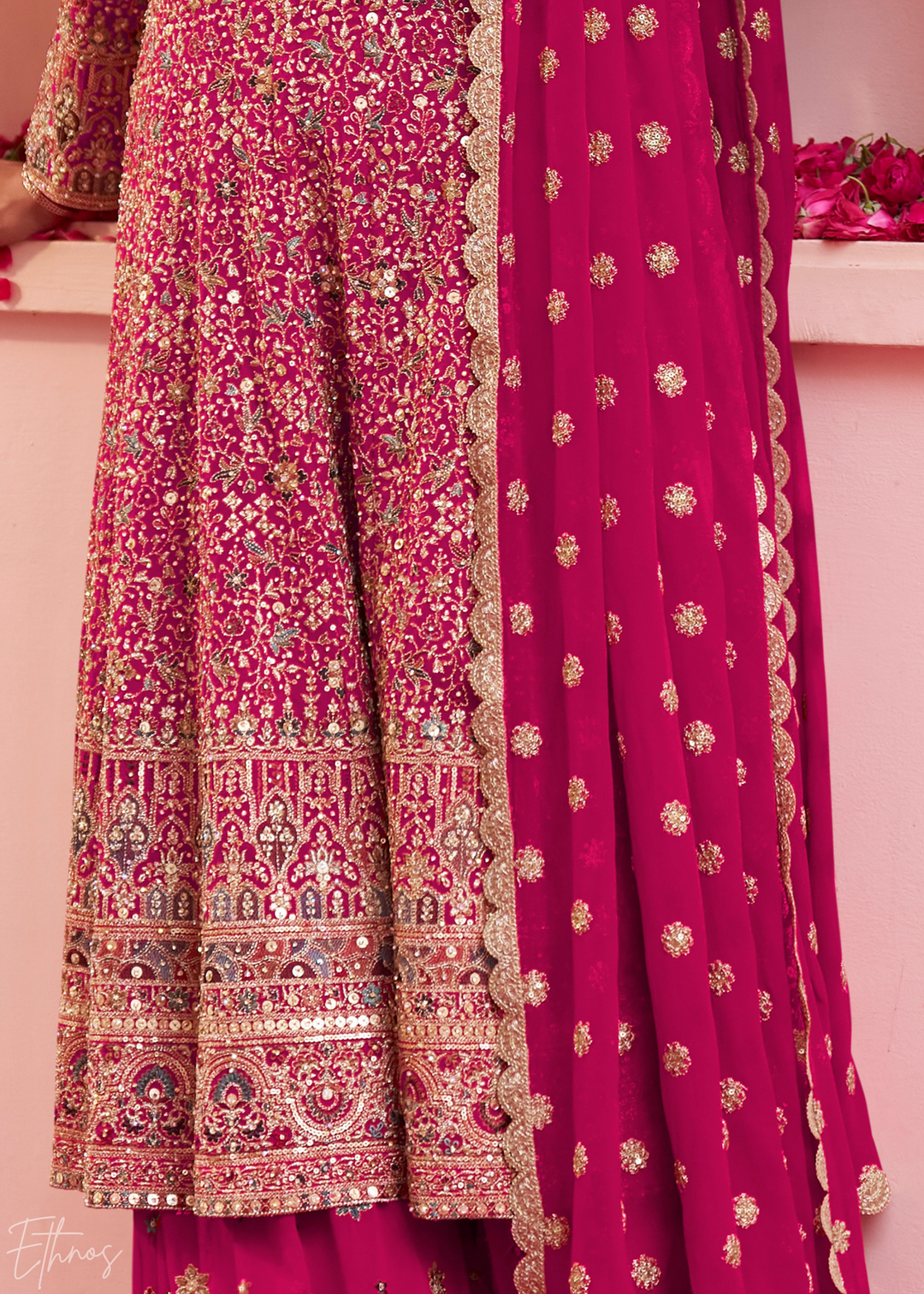 Magenta Plum Baroque Georgette Flared Tunic Palazzo Suit