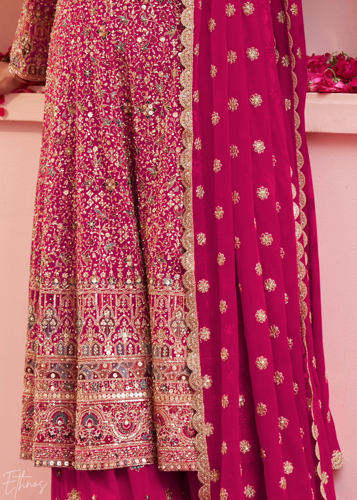 Magenta Plum Baroque Georgette Flared Tunic Palazzo Suit
