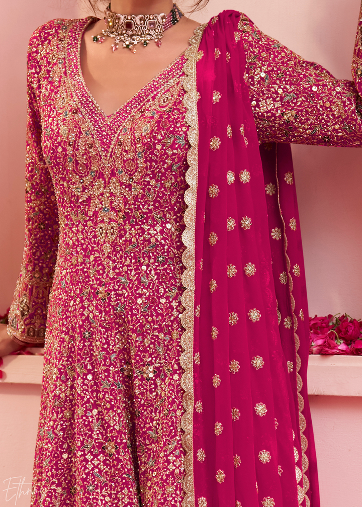 Magenta Plum Baroque Georgette Flared Tunic Palazzo Suit