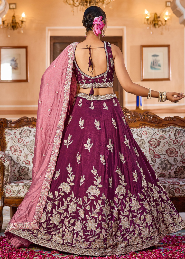 Magenta Plum Floral Gota Embroidered Silk Lehenga Choli