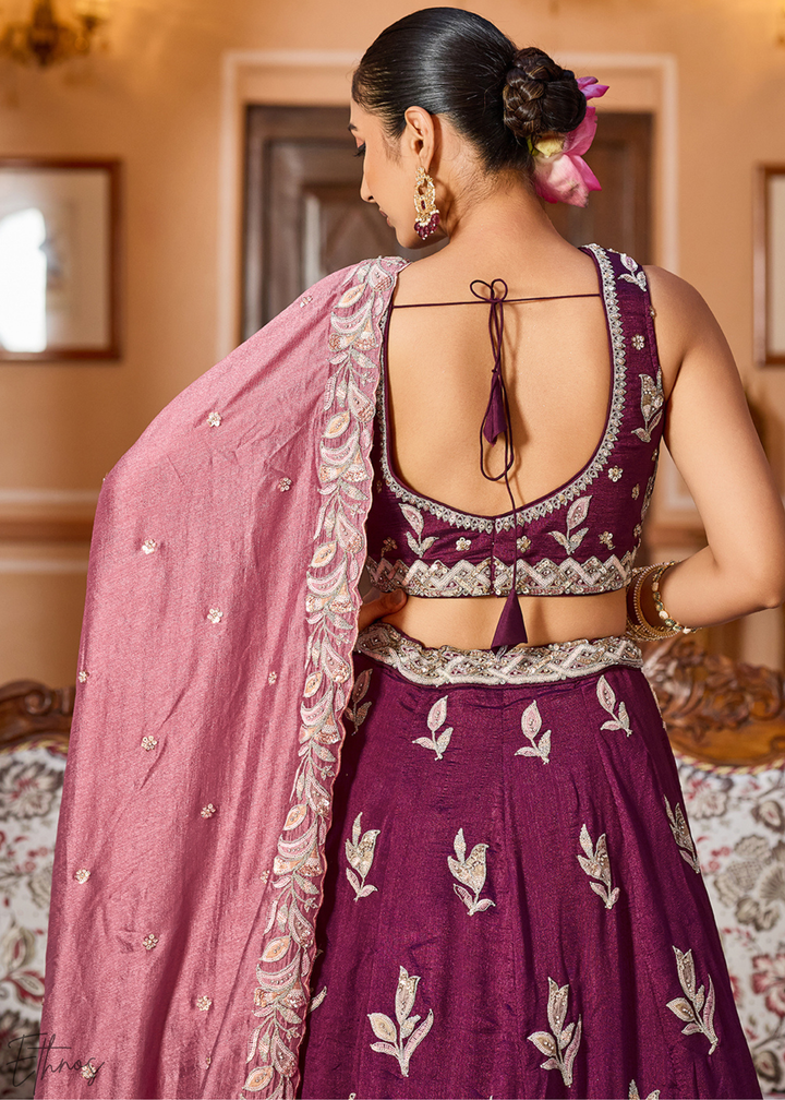 Magenta Plum Floral Gota Embroidered Silk Lehenga Choli