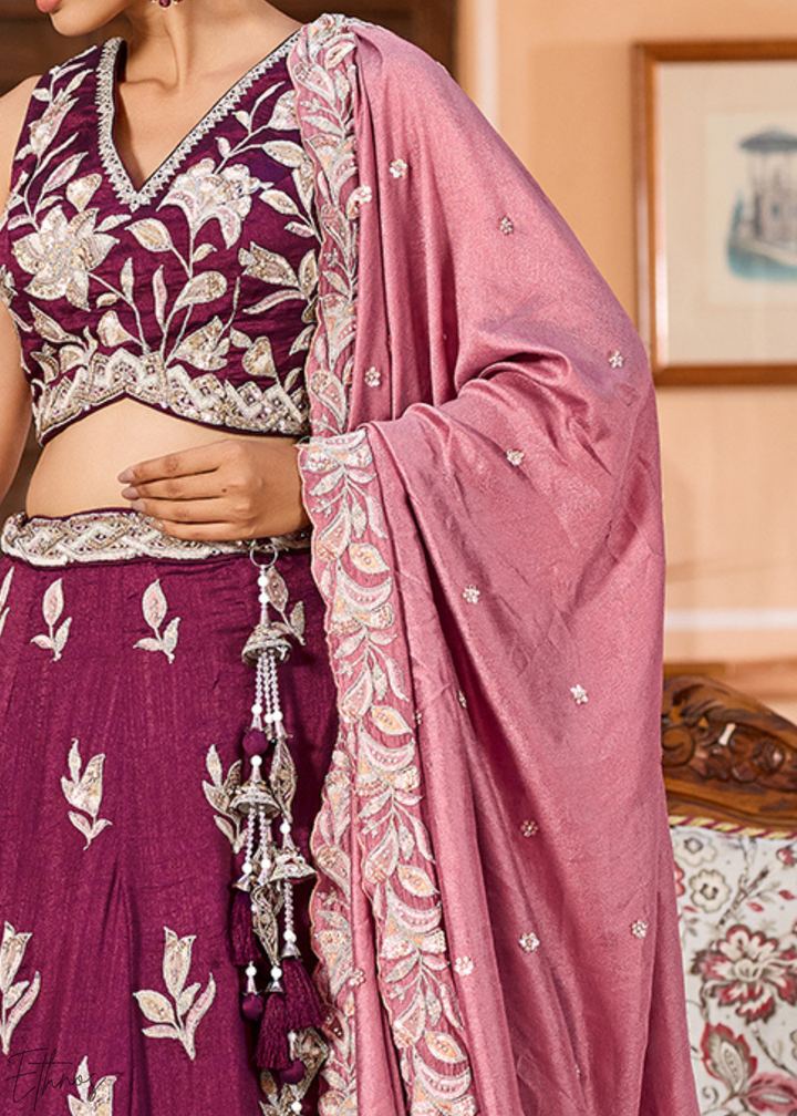 Magenta Plum Floral Gota Embroidered Silk Lehenga Choli