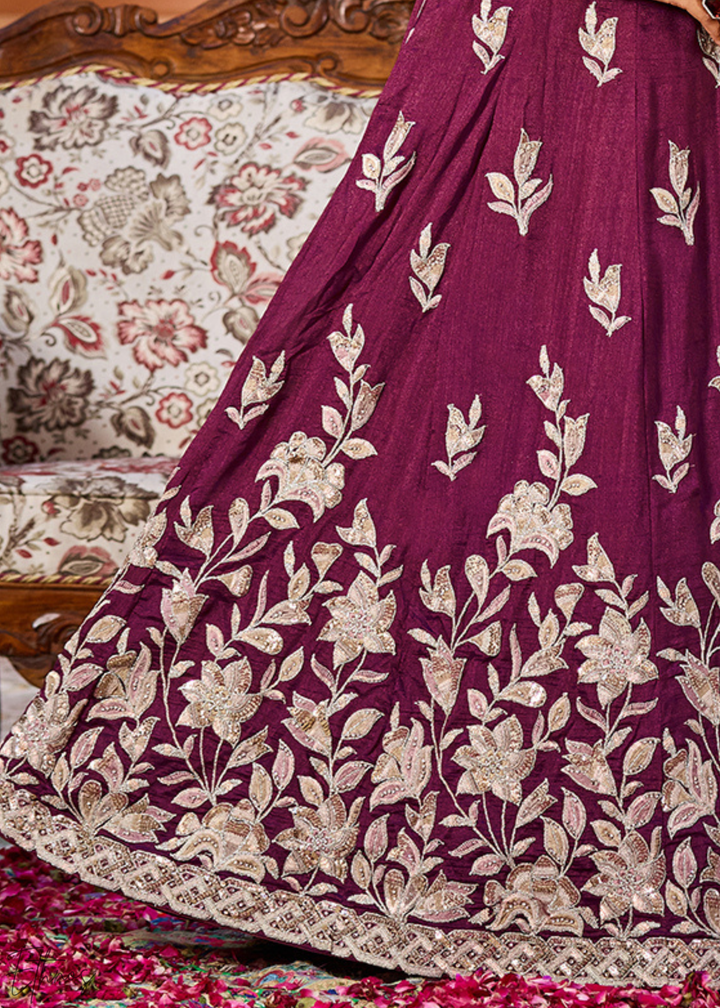 Magenta Plum Floral Gota Embroidered Silk Lehenga Choli