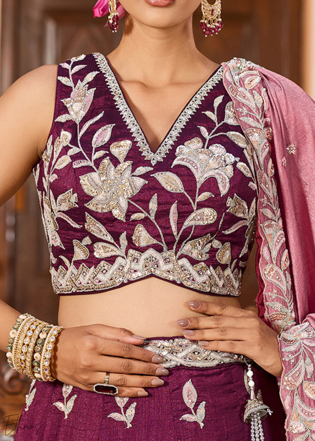 Magenta Plum Floral Gota Embroidered Silk Lehenga Choli