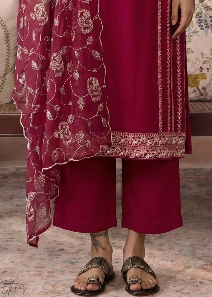 Magenta Plum Metallic Rose Organza Palazzo Suit