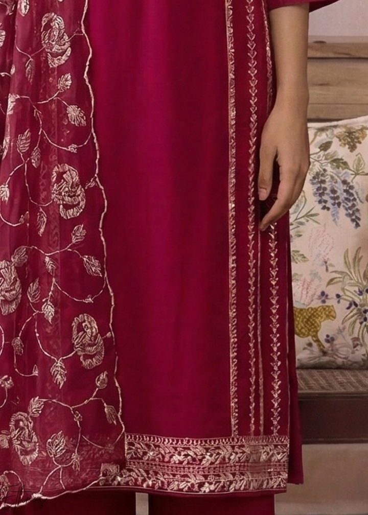 Magenta Plum Metallic Rose Organza Palazzo Suit