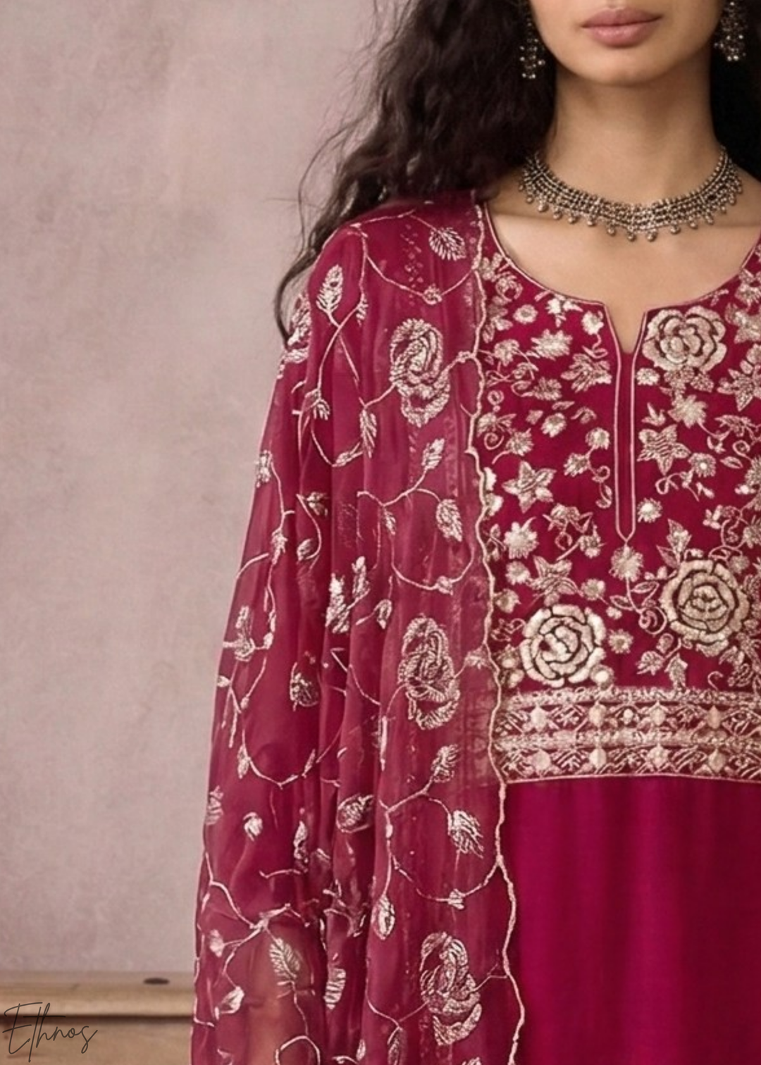 Magenta Plum Metallic Rose Organza Palazzo Suit