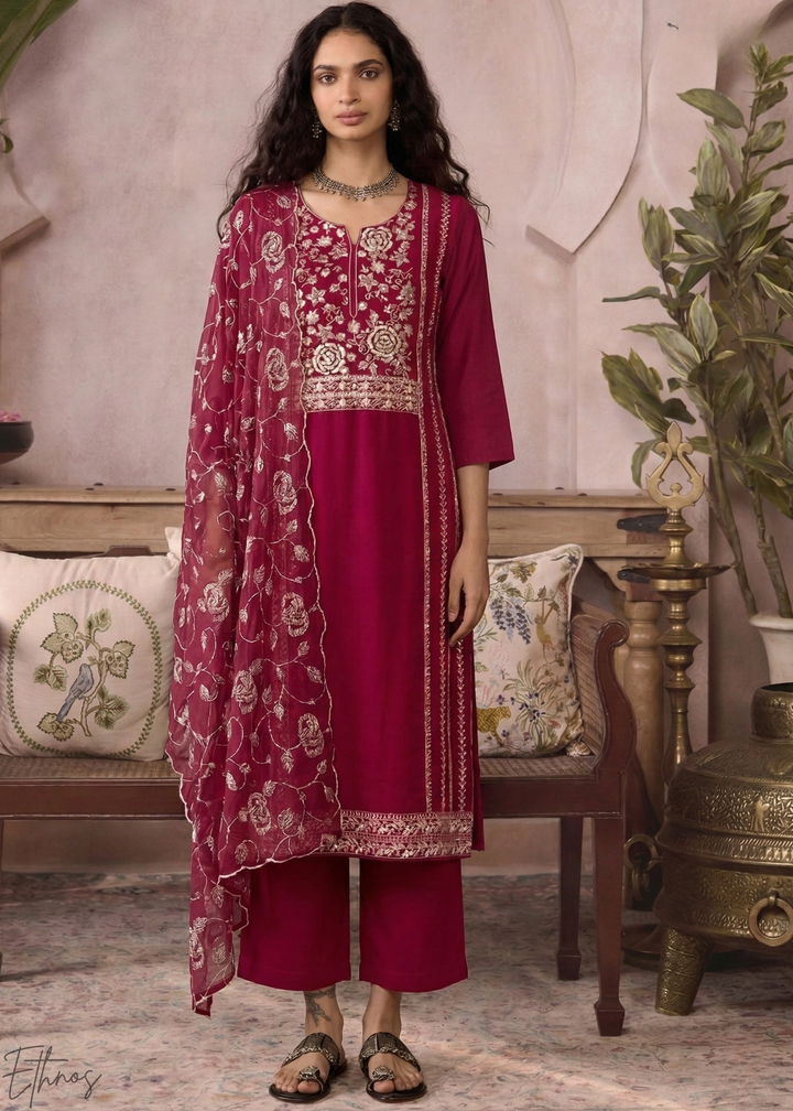 Magenta Plum Metallic Rose Organza Palazzo Suit