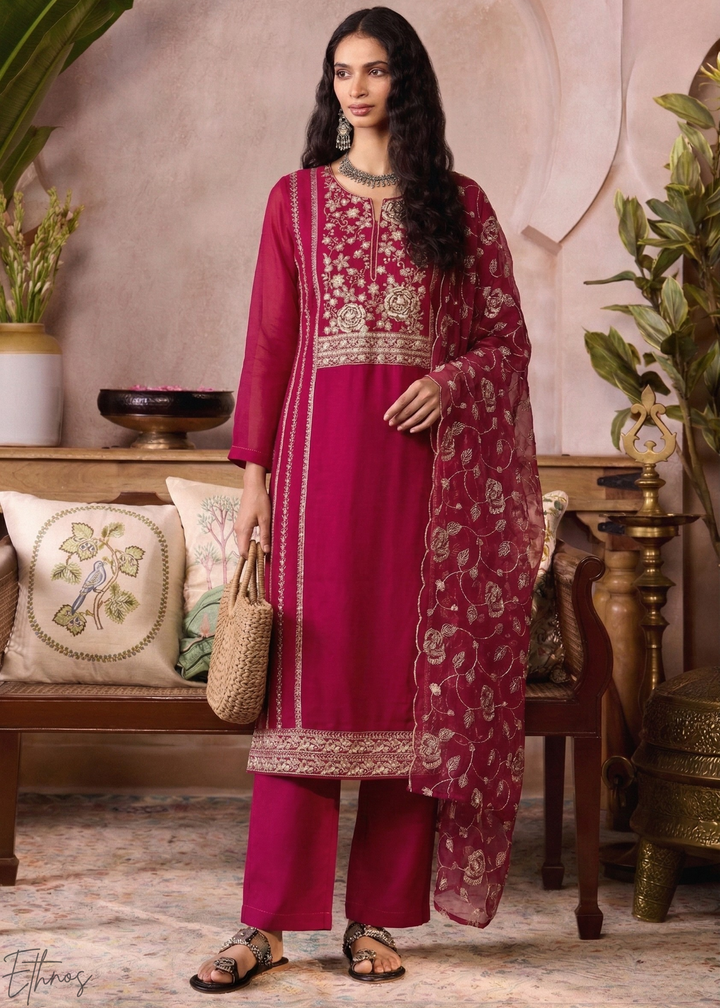 Magenta Plum Metallic Rose Organza Palazzo Suit
