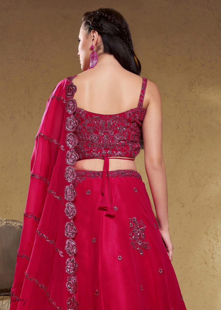 Magenta Plum Raised Rosette Georgette Lehenga Choli